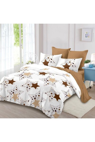 Generic Brand Lenjerie de pat 6 piese cu elastic, albă cu imprimeu stele bej ...