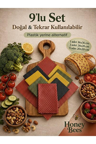 9'lu Set Balmumu Kumaş Ambalaj Bezi - Puantiyeli Yıkanabilir Doğal & Tekrar Kullanılabilir Gıda Saklama Örtüsü