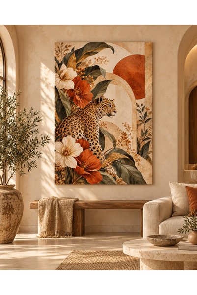 TabloPro Dokulu Premium 3D Leopar Botanik Kanvas Tablo Terracotta Bej Zeytin ...