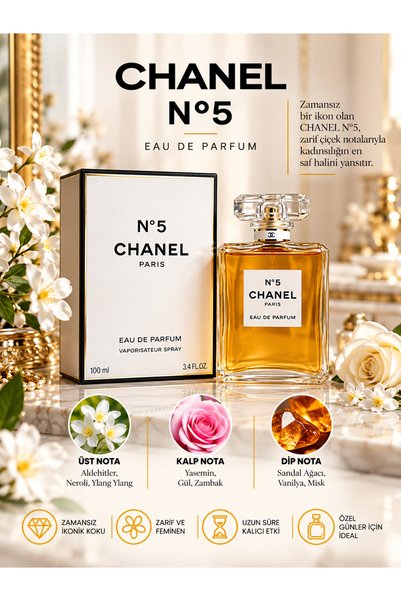 Chanel N°5 Eau De Parfum Spray 100 ml – Çiçeksi, Pudramsı ve Odunsu Karakterl...