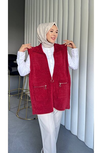 Nes Moda Kadın Fermuar Detaylı Cepli Tesettür Triko Yelek Hırka
