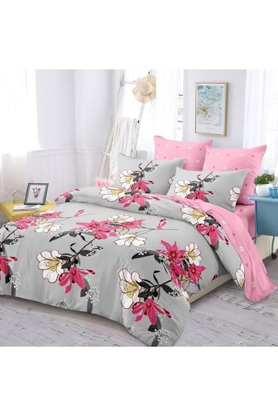 Generic Brand Lenjerie de pat 6 piese cu elastic, gri cu imprimeu floral roz