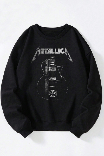 Vento Luna Metallıca Gitar Ön Baskılı Siyah Bisiklet Yaka Sweatshirt