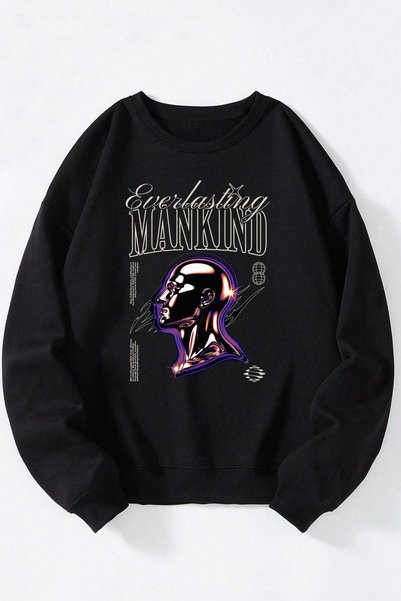Vento Luna Everlasting Mankınd Front Printed Black Crew Neck Sweatshirt
