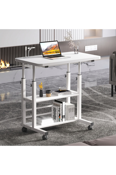 Herum Laptop table, work desk, with 2 shelves, adjustable height, wheels, Whi...