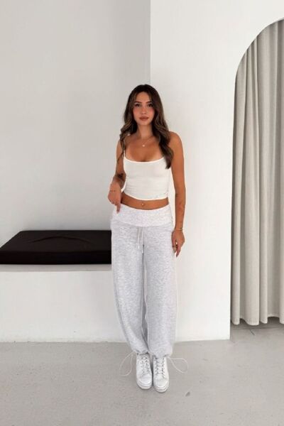 moda poni Siyah 3 İplik İçi Şardonlu Kıvrık Bel Oversize Eşofman Altı