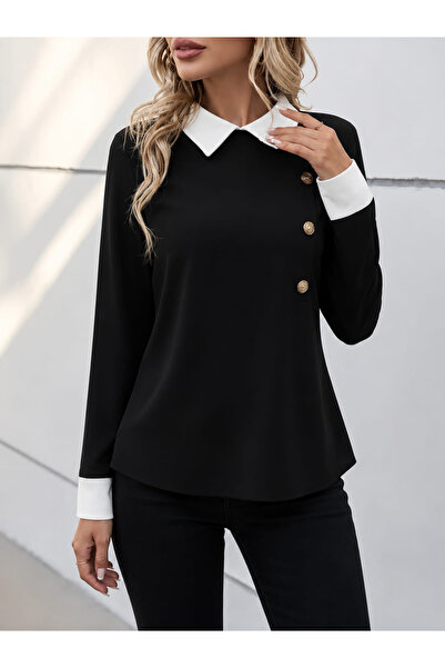 Şeker Portakalım Women's Long Sleeve Collared Buttoned Imported Crepe Blouse