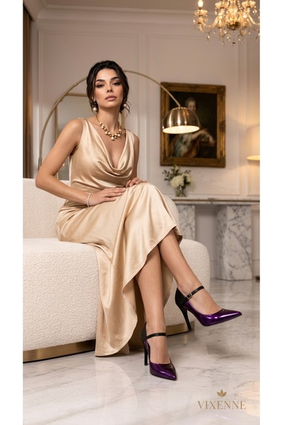 VixenneShoes Vixenne Kadın Mor Metalik Rugan Siyah Saten Detaylı Sivri Burun ...