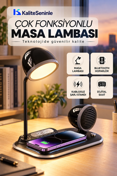 KALİTESENİNLE 4-in-1 Kablosuz Şarj Standı – iPhone & Android Uyumlu, Siyah Ma...