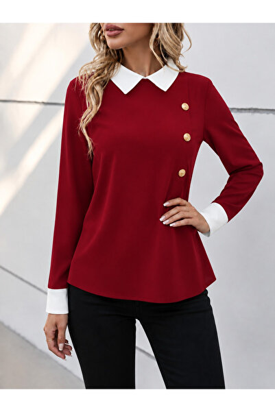 Şeker Portakalım Women's Long Sleeve Collared Buttoned Imported Crepe Blouse