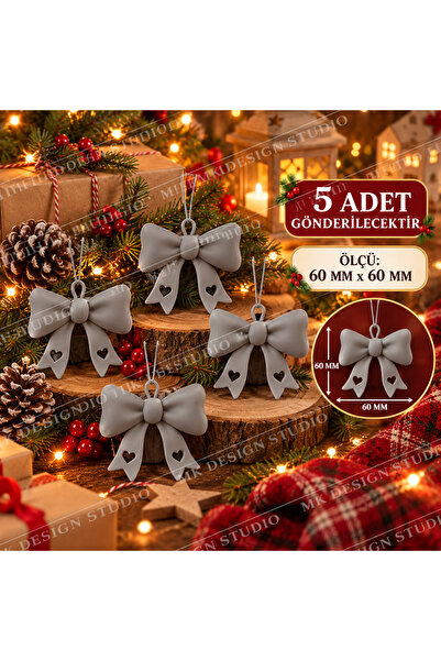 MK DESIGN STUDIO 5’li Yılbaşı Fiyonk Süsü – 60x60 mm Dekoratif Noel Ağacı Süs...