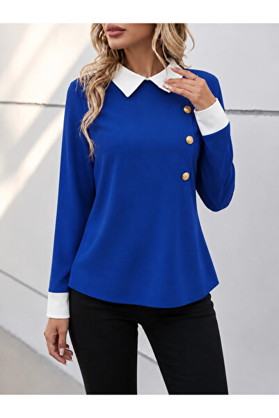 Şeker Portakalım Women's Long Sleeve Collared Buttoned Imported Crepe Blouse