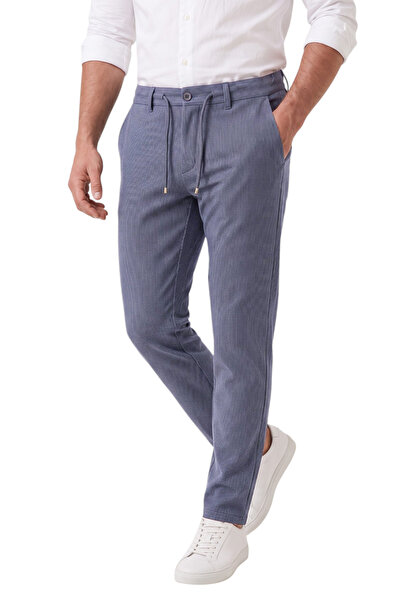 DeepSEA Erkek Slim Fit Çizgili Mavi Kumaş Pantolon – İpli Esnek Bel Likralı Spor Pantolon 2700240