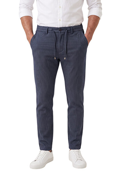 DeepSEA Erkek Slim Fit Çizgili Koyu Lacivert Kumaş Pantolon – İpli Esnek Bel Likralı Spor Pantolon 2700240