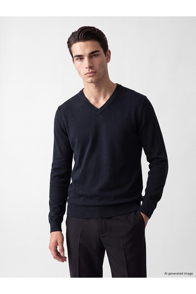 LC Waikiki Nevavm Farkıyla Lcwaikiki Classic Navy Blue Knitwear Plain V-Neck ...
