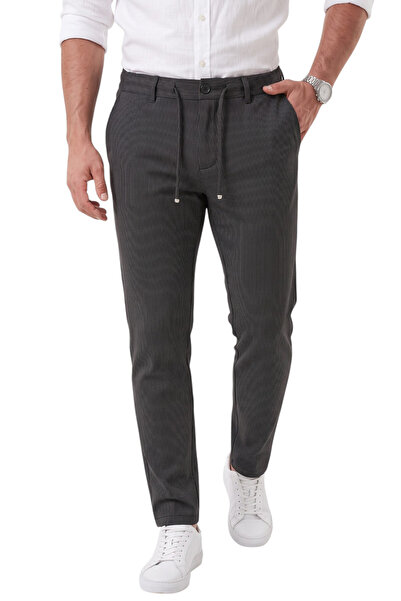 DeepSEA Erkek Slim Fit Çizgili Füme Kumaş Pantolon – İpli Esnek Bel Likralı Spor Pantolon 2700240