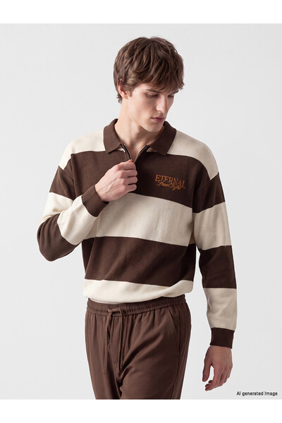LC Waikiki Nevavm Farkıyla Xside Brown Knitwear Embroidered Polo Collar Men's...