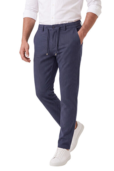 DeepSEA Erkek Slim Fit Çizgili Lacivert Kumaş Pantolon – İpli Esnek Bel Likralı Spor Pantolon 2700240