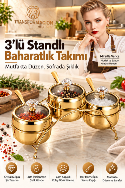 Transformacion GOLD 3'lü Standlı Baharatlık Tuzluk Takımı Kristal Kulplu Şık ...