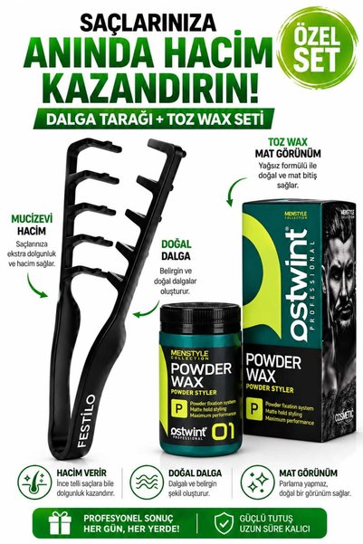 FESTİLO Mucizevi Tarak + Toz Wax 20 gr Saç Şekillendirici Hacim Veren Dalga T...