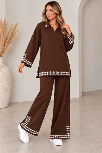 CNR TEKSTİL Women's Houndstooth Patterned Polo Collar Knitwear Set – Oversize...