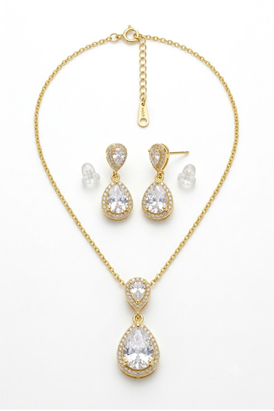 Dazzlecave 925 Ayar Gümüş Gold Damla Taşlı Sallantılı Kolye Küpe Set Zirkon Taşlı Kadın Takı Seti