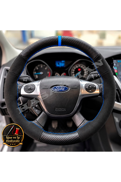 HasAkman Ford Focus 3 Dikme Direksiyon Kılıfı Alcantara Süet Mat Karbon Mavi ...