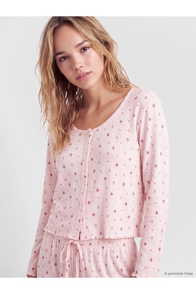 LC Waikiki Peak New Season Pink U-Neck Patterned Women's Pajama Set