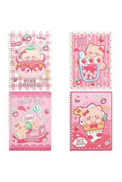 GENERAL 4 Pack Spiral Notebook, A5 Pink Bear Cartoon Cute Ice Cream Milk Tea ...