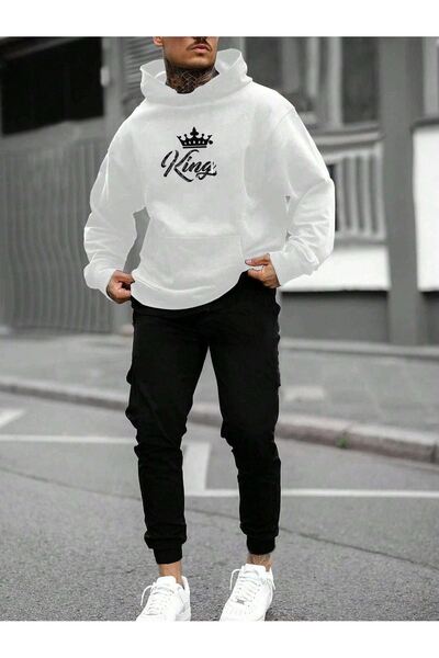 luci sports King Tracksuit Set White Sweatshirt Black Jogger - Printed Oversi...
