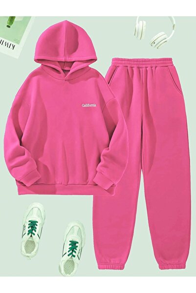 luci sports Καλιφόρνια Minimal Text Σετ Φούτερ Jogger - Ροζ εμπριμέ κουκούλα