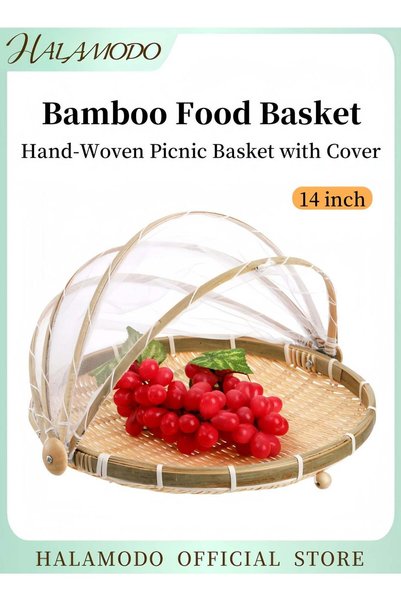 Generic Woven Bamboo Food Cover Basket Foldable Mesh Canopy & Handwoven Base ...