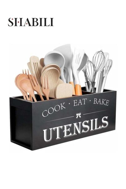 Generic Wooden Kitchen Utensil Holder, Rustic Farmhouse Organizer Cutlery Hol...