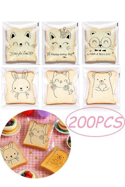 Generic 200Pcs 6 Types Cartoon Animal Cat Pattern Bread Packaging Bags Transp...
