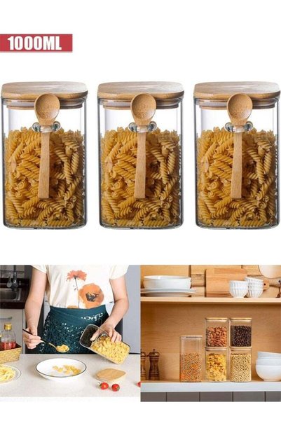 Generic Glass Storage Jar with Bamboo Lids and bamboo Spoon,Set of 3 Airtight...
