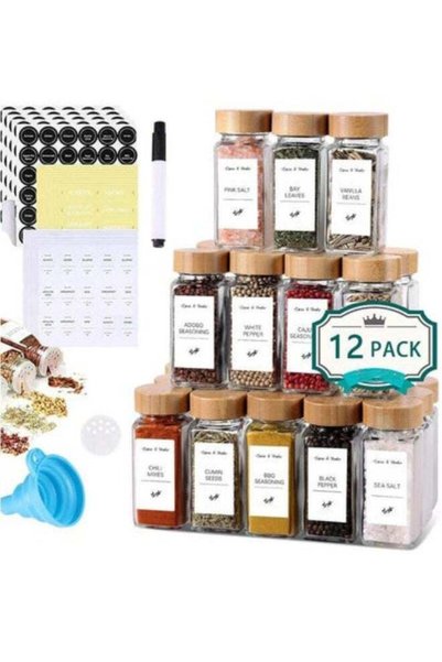Generic 12Pack Glass Spice Jars, Containers with Bamboo Shaker Lids & Funnel,...