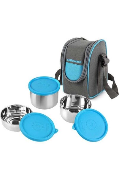 Generic Cello Steelox Stainless Steel Lunch Box-3 Steel, Blue