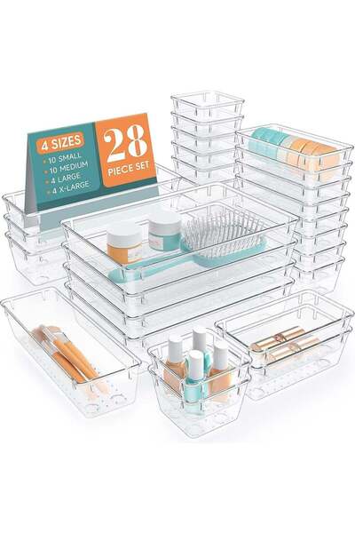 Generic 28 PCS Clear Plastic Drawer Organizers Set, 4 Size Desk Drawer Organi...