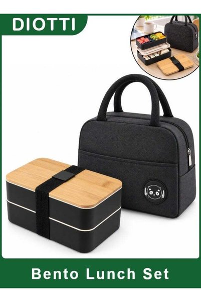 Generic 2 Tier Black Bento Lunch Box Set with Insulated Lunch Bag, Natural Ba...