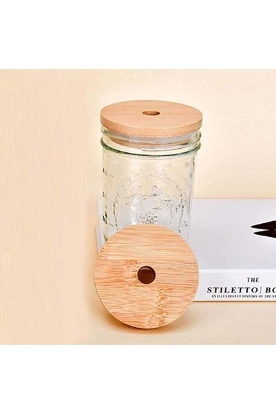 Generic 4 Pack 86mm Wide Mouth Bamboo Mason Jar Lids with Straw Hole Reusable...