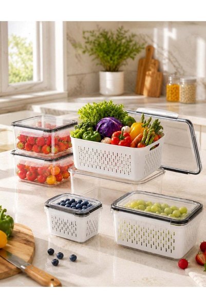 Generic 5PCS Fridge Organizer with Removable Draining Colanders and Lid, Frid...