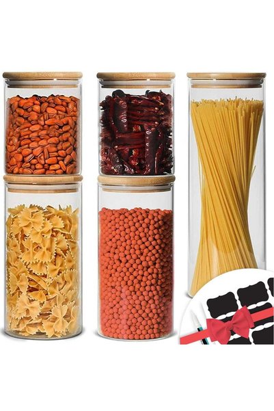 Generic 5 pcs Round Glass Storage Jar with Bamboo Lids 600 900 1200 ml, Glass...