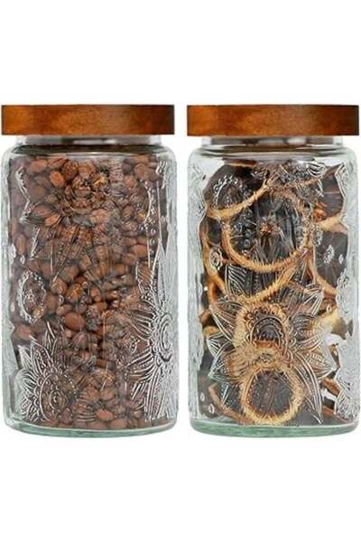 Generic Glass Storage Jar with Wooden Lids Glass Jar 33oz, 2Pcs Vintage Food ...