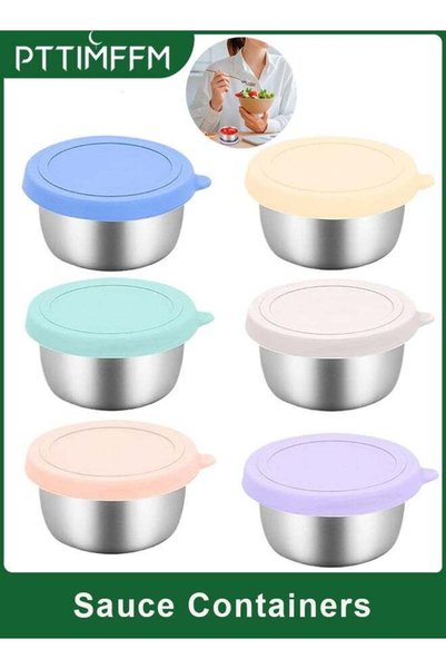 Generic 6 PCS 50ml Stainless Steel Sauce Containers with Silicone Lids, Leakp...