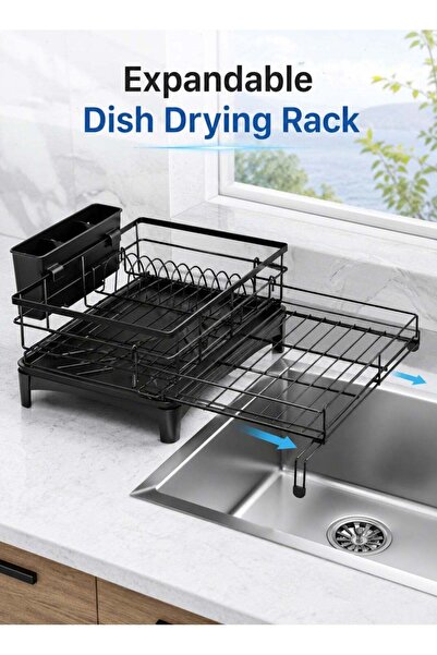Generic Extendable Dish Drying Rack, Space-Saving Kitchen Dish Drainer with P...