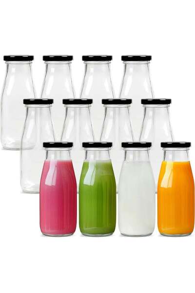Generic Glass Milk Bottle with Black Metal Lids, 250ml Reusable Dairy Drinkin...