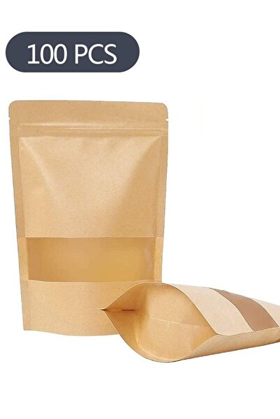 Generic 100-Piece Kraft Bags with Clear Window, Resealable Stand Up Pouches C...