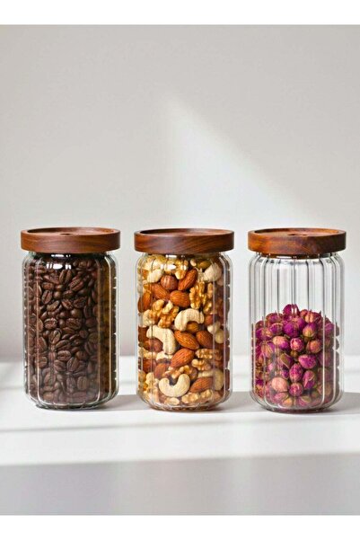 Generic Set of 3 -700 ML Borosilicate Stripe Glass Storage Jar with Acacia Li...
