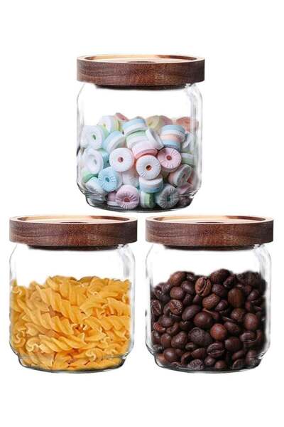 Generic Wooden Lid Glass Canister Glass Storage Jars Set of 3 Small Glass Sto...