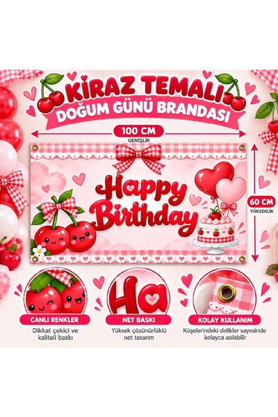 Bkmc Cherry Themed Birthday Banner Happy Birthday Banner Party Decoration Bac...
